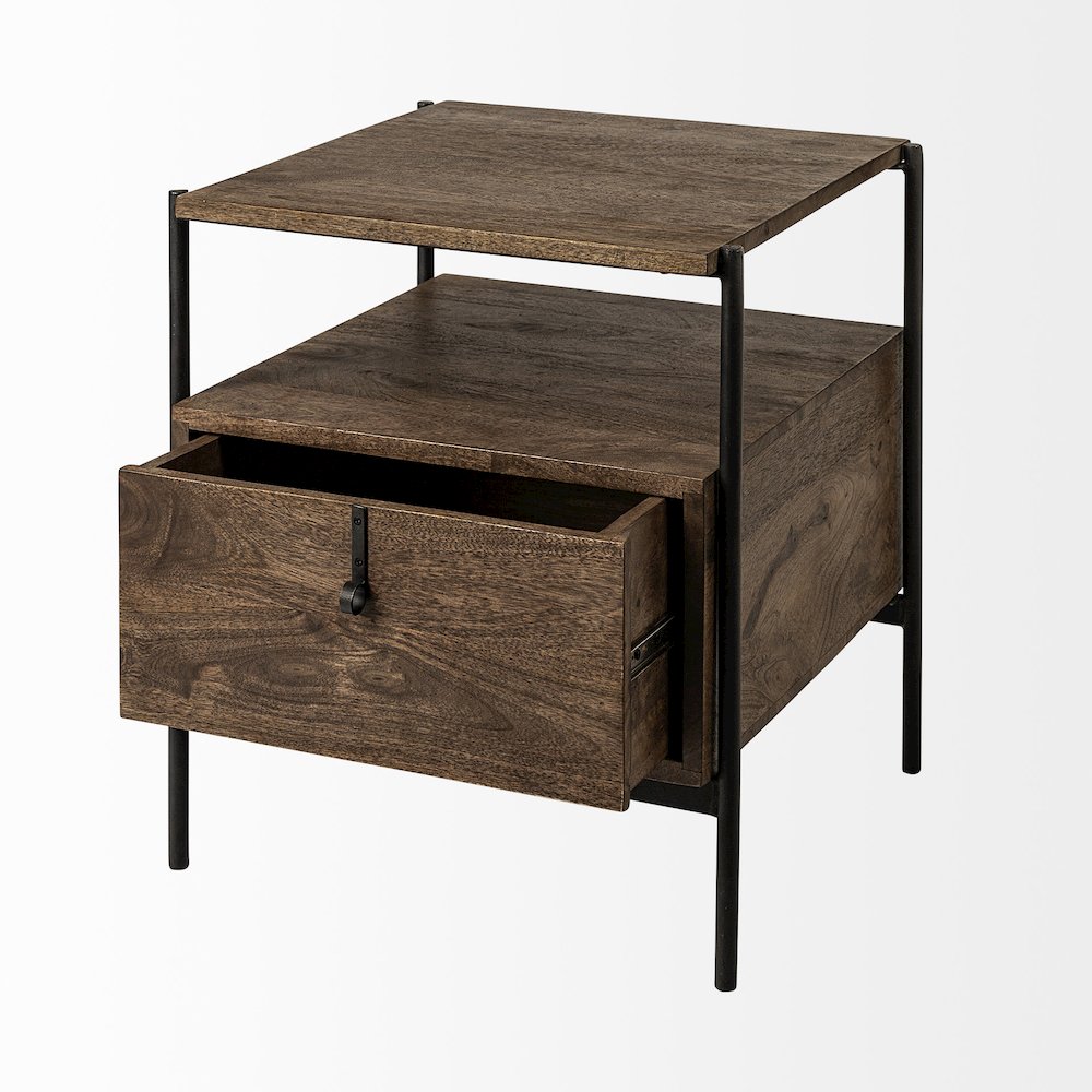Glenn 20L x 21W x 24H Dark Brown Wood Black Iron Frame Square End/Side Table
