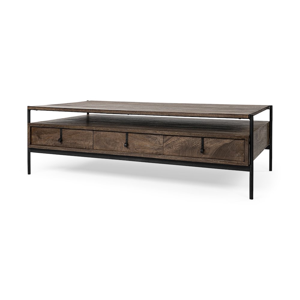 54X30 Dark Brown Wood Black Iron Frame, Rectangle 3 Drawers Coffee Table
