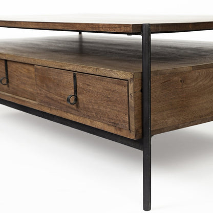 54X30 Dark Brown Wood Black Iron Frame, Rectangle 3 Drawers Coffee Table