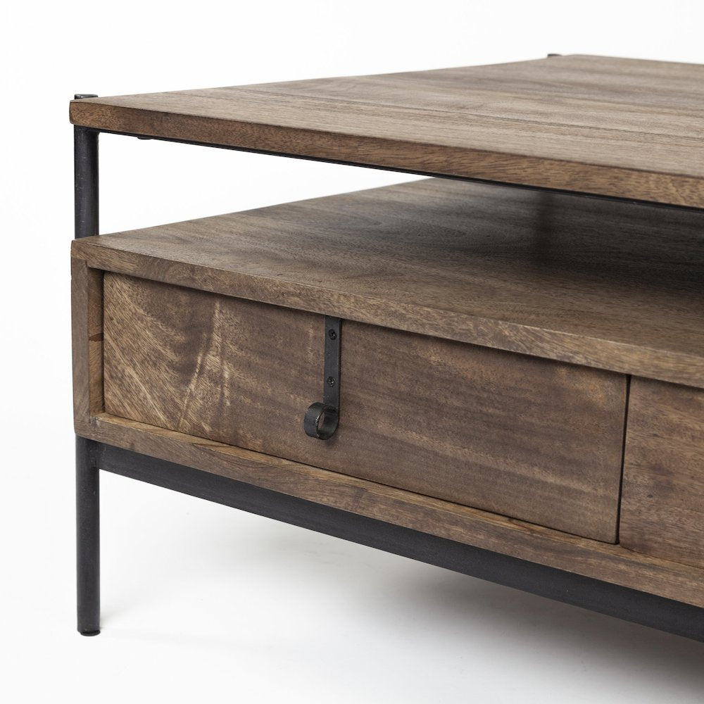 54X30 Dark Brown Wood Black Iron Frame, Rectangle 3 Drawers Coffee Table