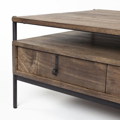 54X30 Dark Brown Wood Black Iron Frame, Rectangle 3 Drawers Coffee Table