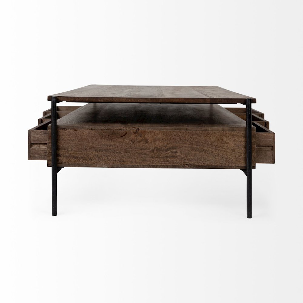 54X30 Dark Brown Wood Black Iron Frame, Rectangle 3 Drawers Coffee Table