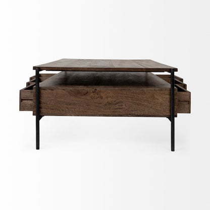 54X30 Dark Brown Wood Black Iron Frame, Rectangle 3 Drawers Coffee Table