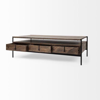 54X30 Dark Brown Wood Black Iron Frame, Rectangle 3 Drawers Coffee Table
