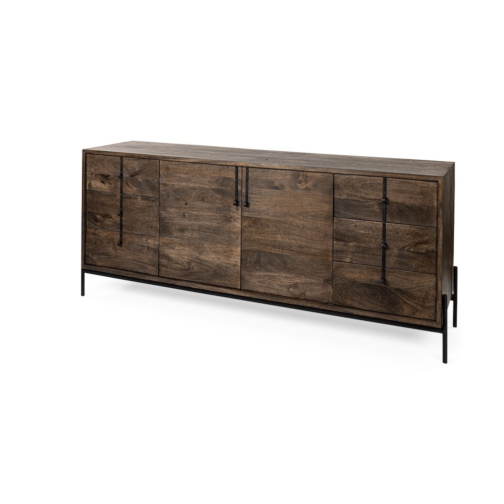 Dark Brown Wood Frame Black Iron Accent, 6 Drawer, 2 Door Cabinet Sideboard