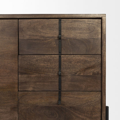 Dark Brown Wood Frame Black Iron Accent, 6 Drawer, 2 Door Cabinet Sideboard