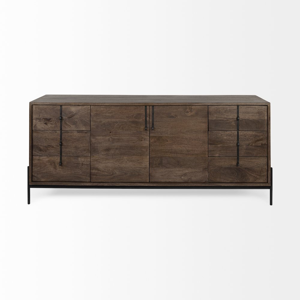 Dark Brown Wood Frame Black Iron Accent, 6 Drawer, 2 Door Cabinet Sideboard