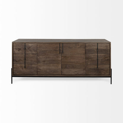 Dark Brown Wood Frame Black Iron Accent, 6 Drawer, 2 Door Cabinet Sideboard