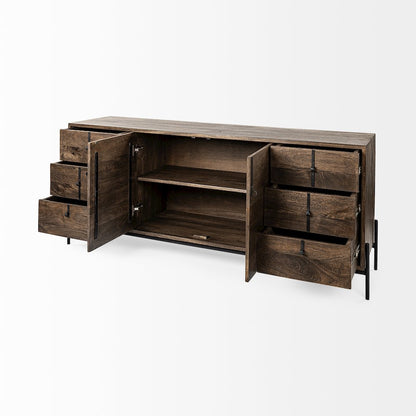 Dark Brown Wood Frame Black Iron Accent, 6 Drawer, 2 Door Cabinet Sideboard
