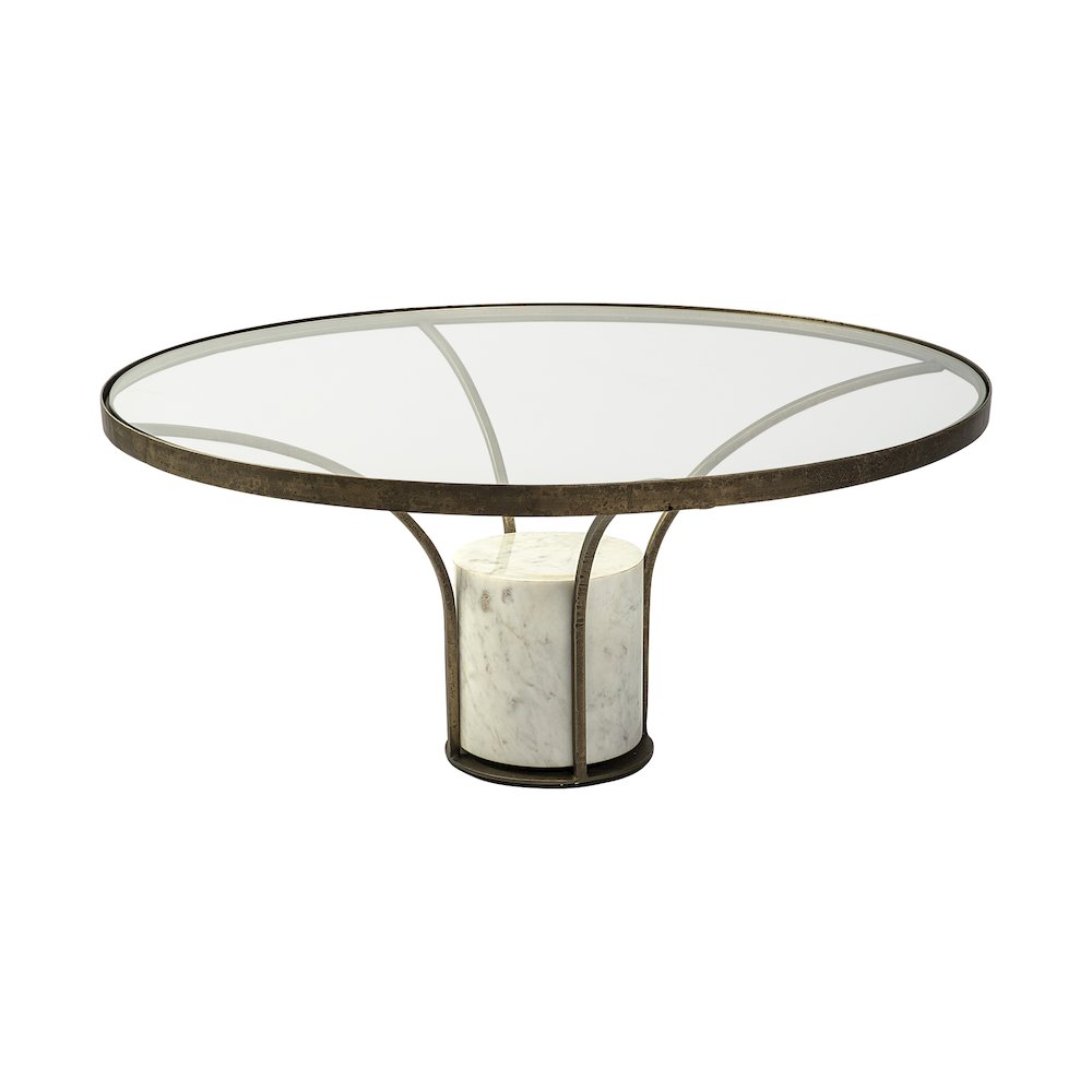 36" Round Glass Top Metal And Marble Pedestal Coffee Table