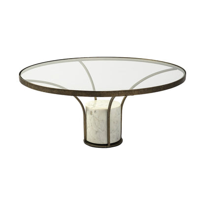 36" Round Glass Top Metal And Marble Pedestal Coffee Table