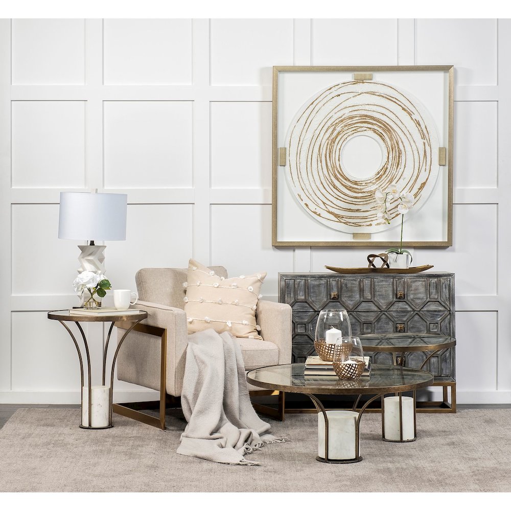 36" Round Glass Top Metal And Marble Pedestal Coffee Table