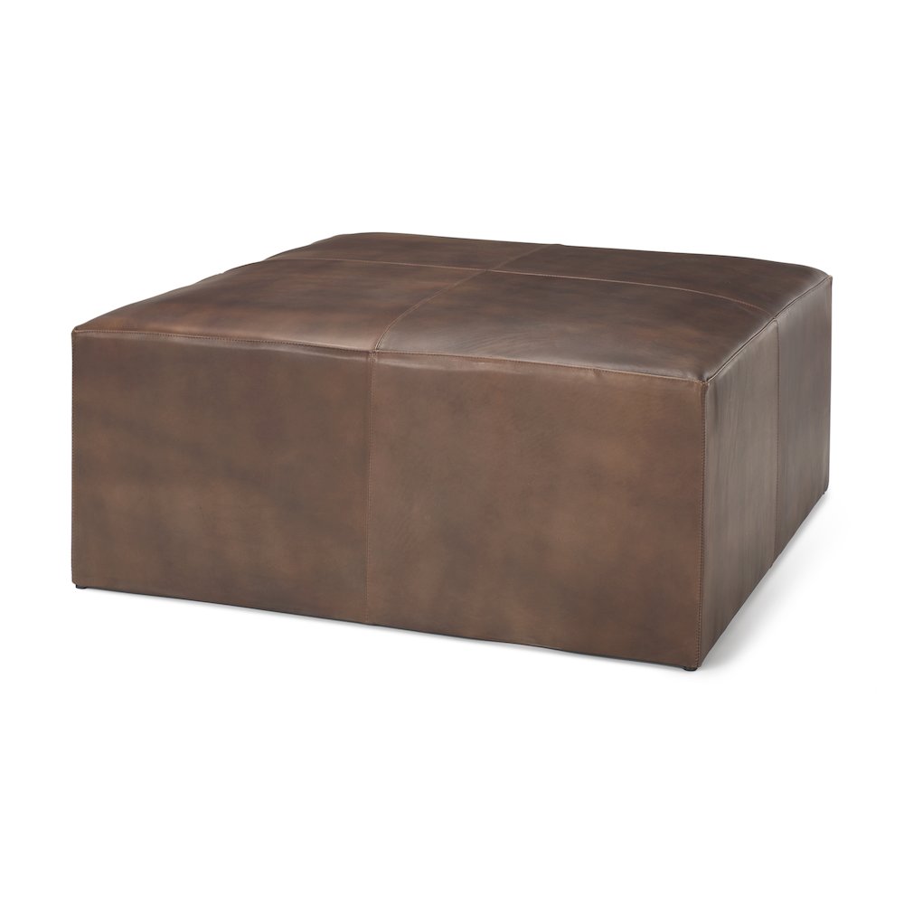 Minara 36" Square Brown Leather WrappedWood Base Ottoman