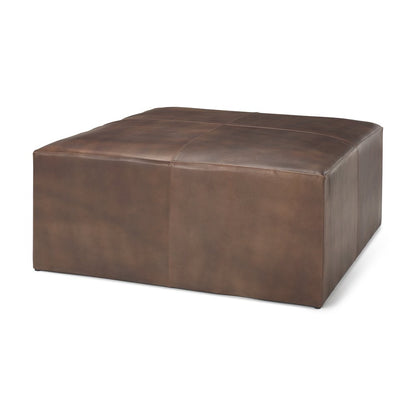 Minara 36" Square Brown Leather WrappedWood Base Ottoman