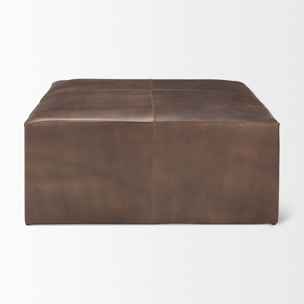 Minara 36" Square Brown Leather WrappedWood Base Ottoman
