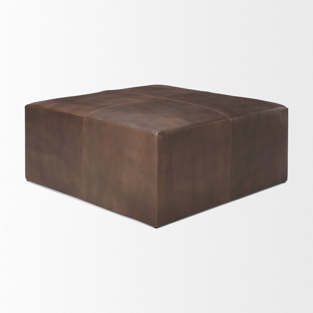 Minara 36" Square Brown Leather WrappedWood Base Ottoman