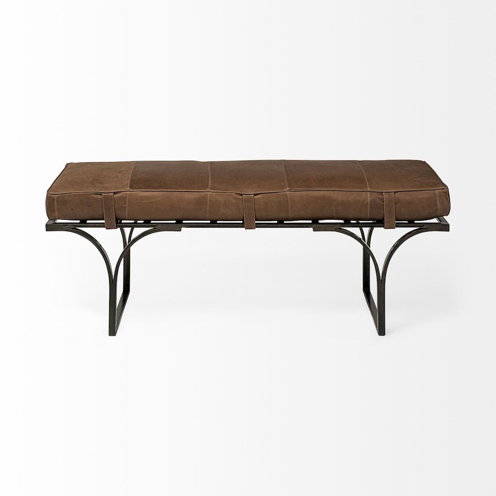55L X 16W Brown Leather Seatblack Metal Base Accent Bench