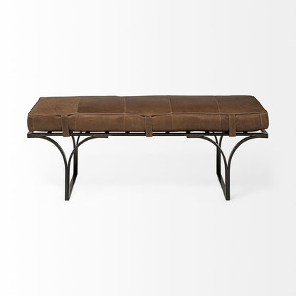 55L X 16W Brown Leather Seatblack Metal Base Accent Bench