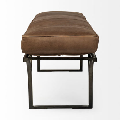 55L X 16W Brown Leather Seatblack Metal Base Accent Bench