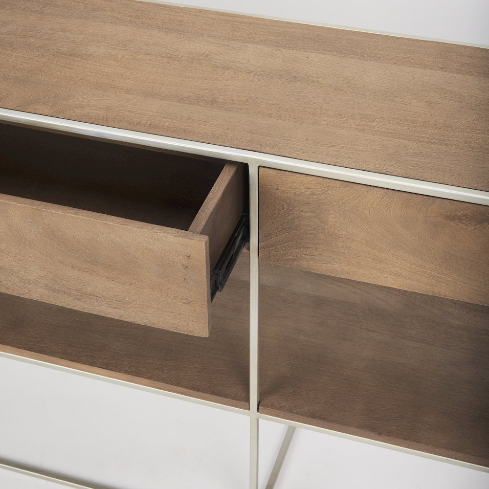 Brown Wood Silver Metal Frame 2 Drawer Console Table