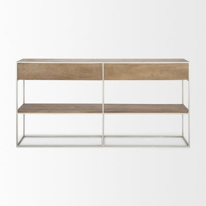 Brown Wood Silver Metal Frame 2 Drawer Console Table
