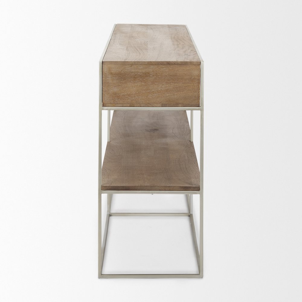 Brown Wood Silver Metal Frame 2 Drawer Console Table