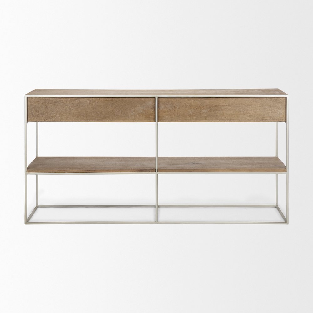 Brown Wood Silver Metal Frame 2 Drawer Console Table