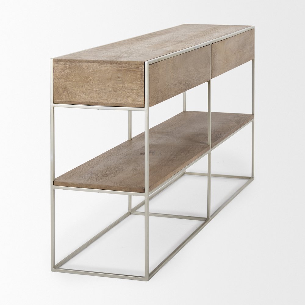 Brown Wood Silver Metal Frame 2 Drawer Console Table