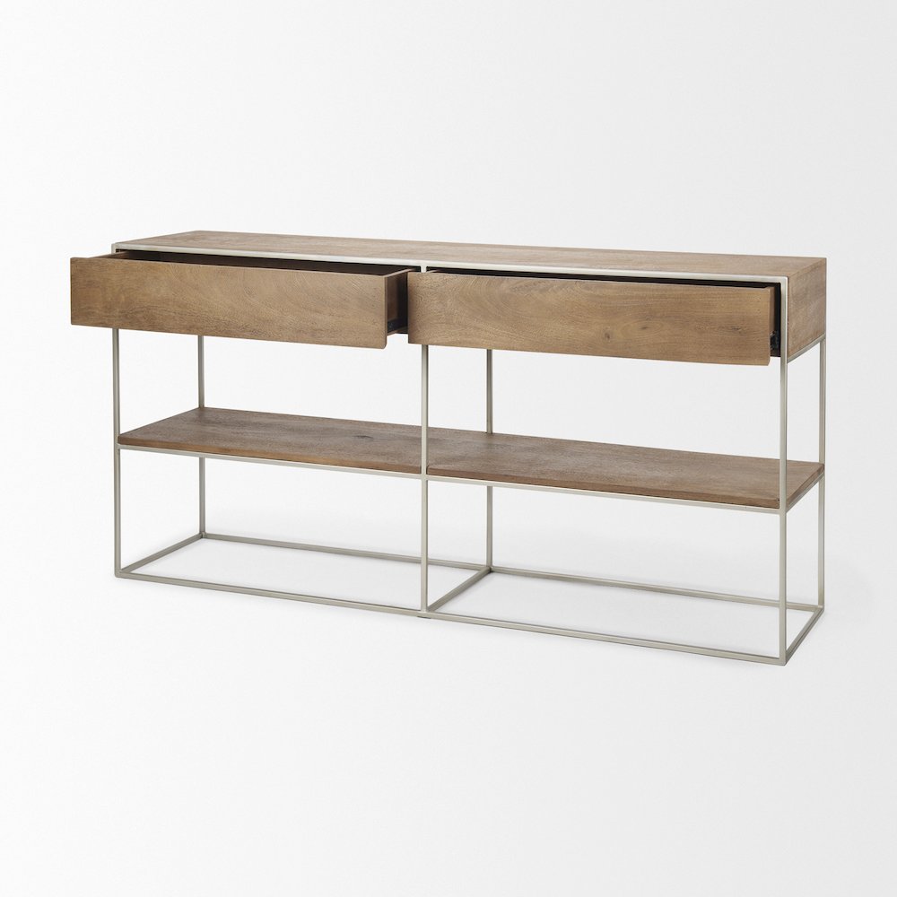 Brown Wood Silver Metal Frame 2 Drawer Console Table