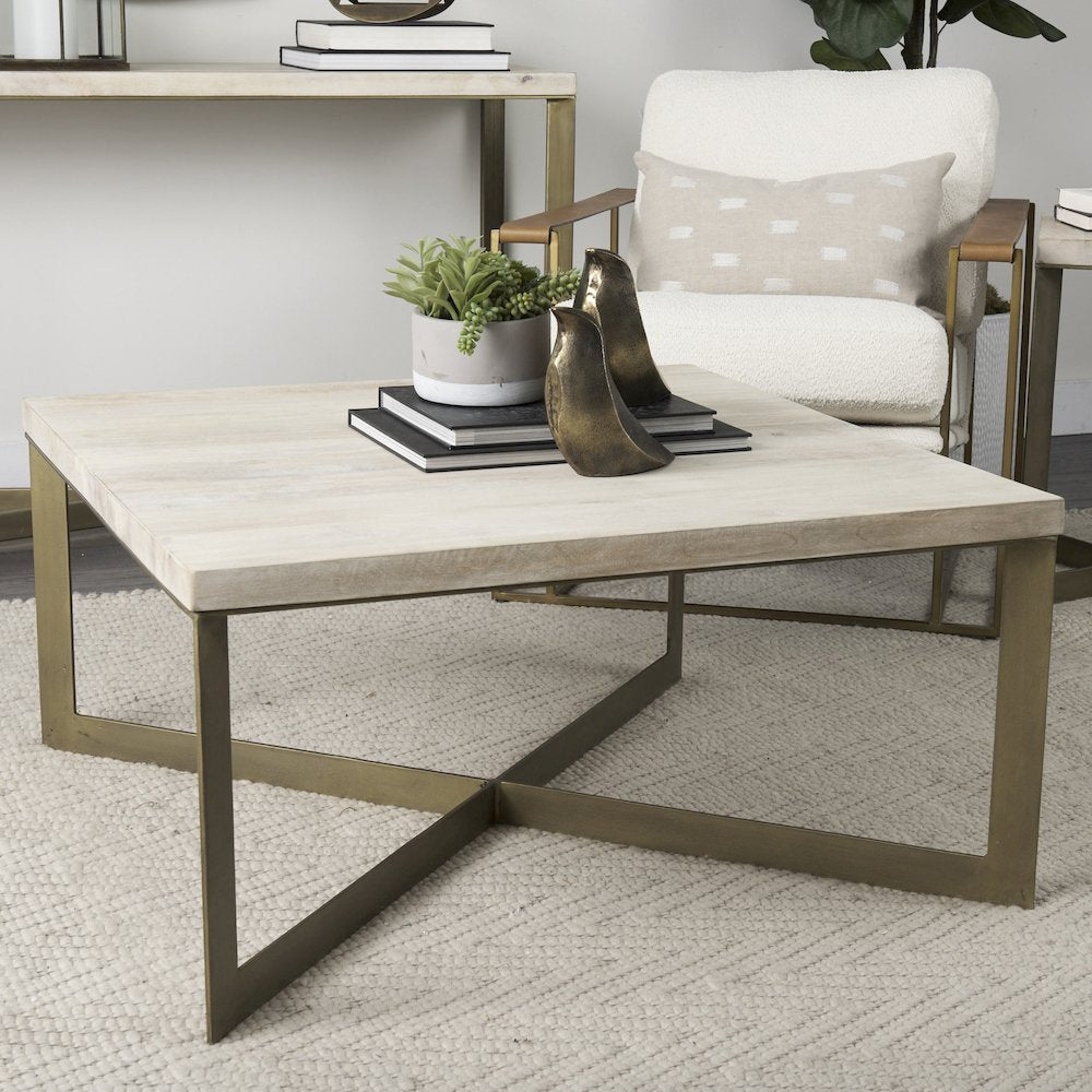 Beige Finished Woodgold Metal Base Square Coffee Table