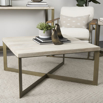Beige Finished Woodgold Metal Base Square Coffee Table