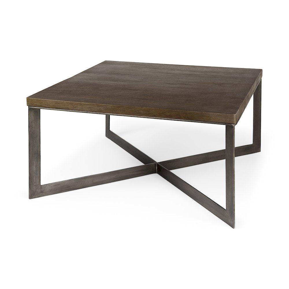 Medium Brown Woodantique Nickel Metal Base Square Coffee Table