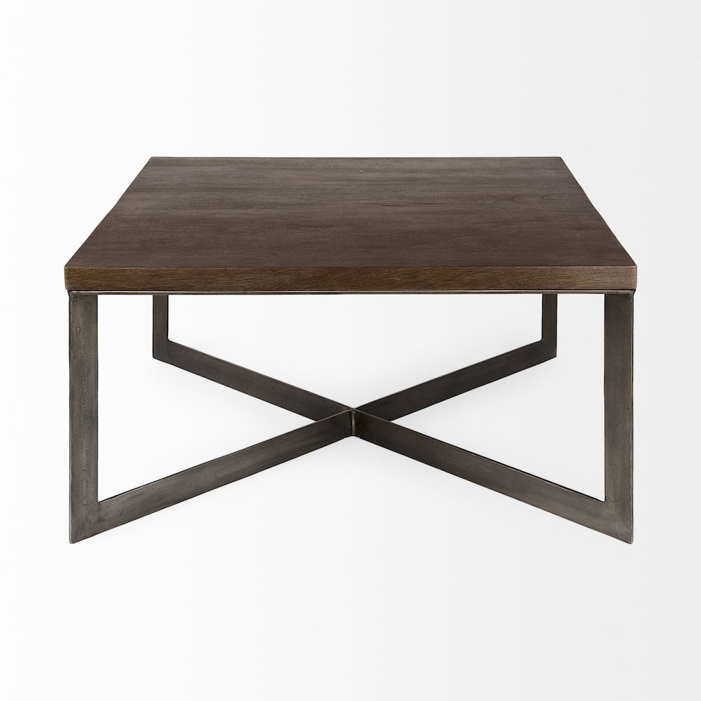 Medium Brown Woodantique Nickel Metal Base Square Coffee Table