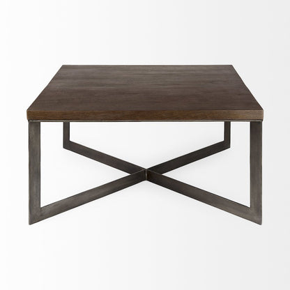 Medium Brown Woodantique Nickel Metal Base Square Coffee Table