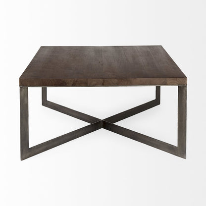 Medium Brown Woodantique Nickel Metal Base Square Coffee Table