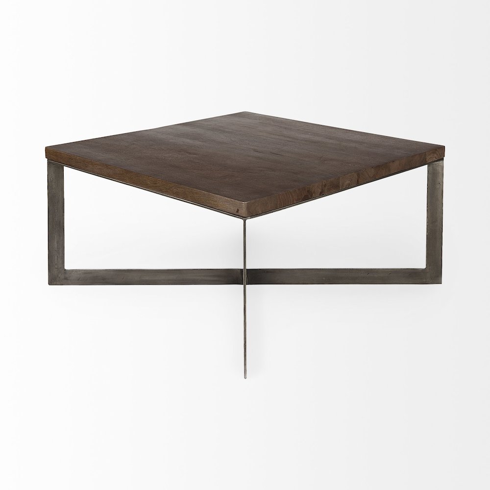 Medium Brown Woodantique Nickel Metal Base Square Coffee Table