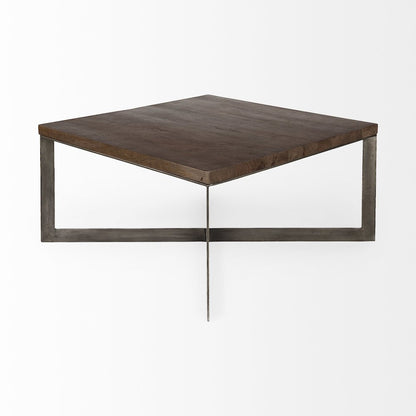 Medium Brown Woodantique Nickel Metal Base Square Coffee Table