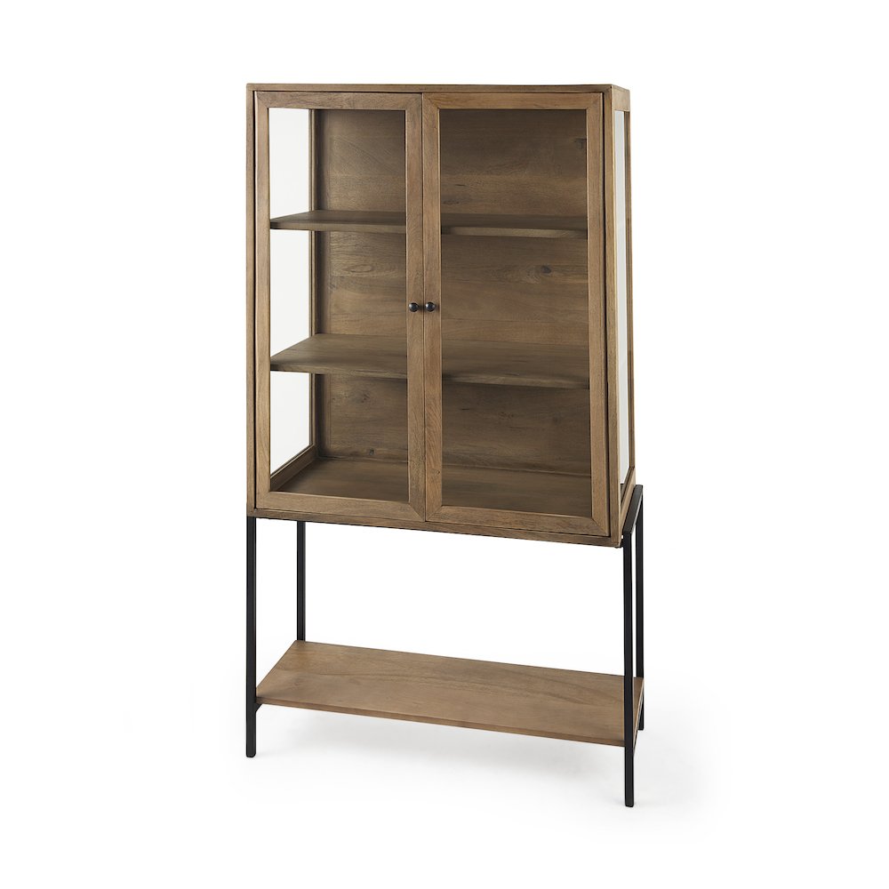 36L X 18W X 63H Light Brown Wood Black Metal Base Display Cabinet