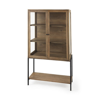 36L X 18W X 63H Light Brown Wood Black Metal Base Display Cabinet