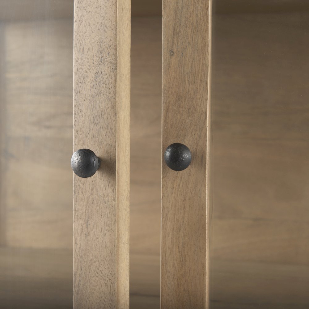 36L X 18W X 63H Light Brown Wood Black Metal Base Display Cabinet