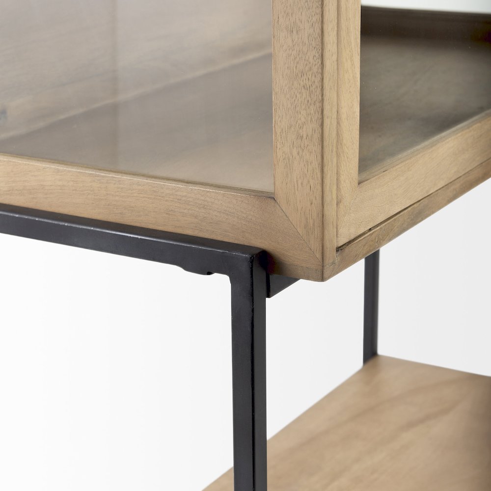 36L X 18W X 63H Light Brown Wood Black Metal Base Display Cabinet