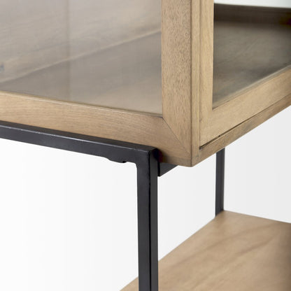 36L X 18W X 63H Light Brown Wood Black Metal Base Display Cabinet