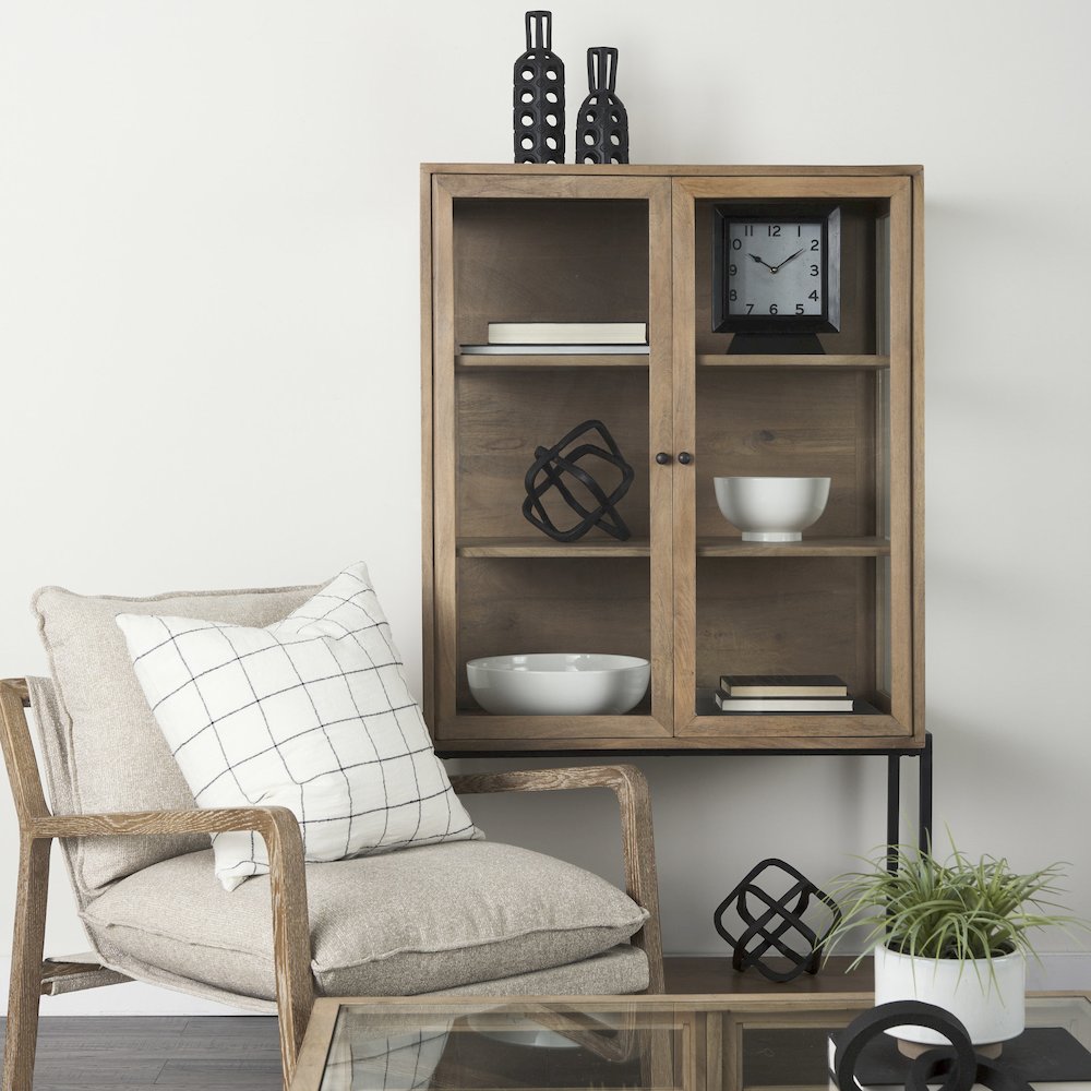 36L X 18W X 63H Light Brown Wood Black Metal Base Display Cabinet