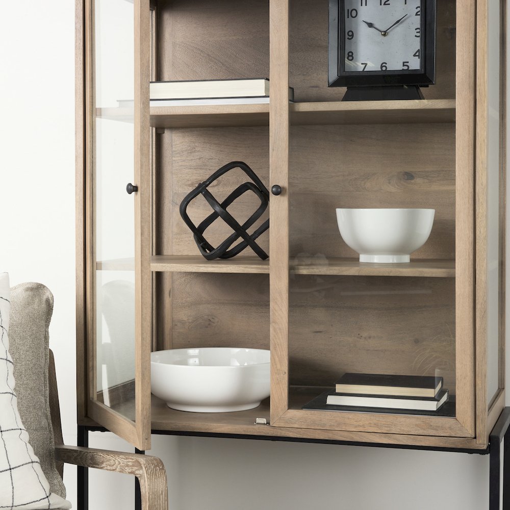 36L X 18W X 63H Light Brown Wood Black Metal Base Display Cabinet