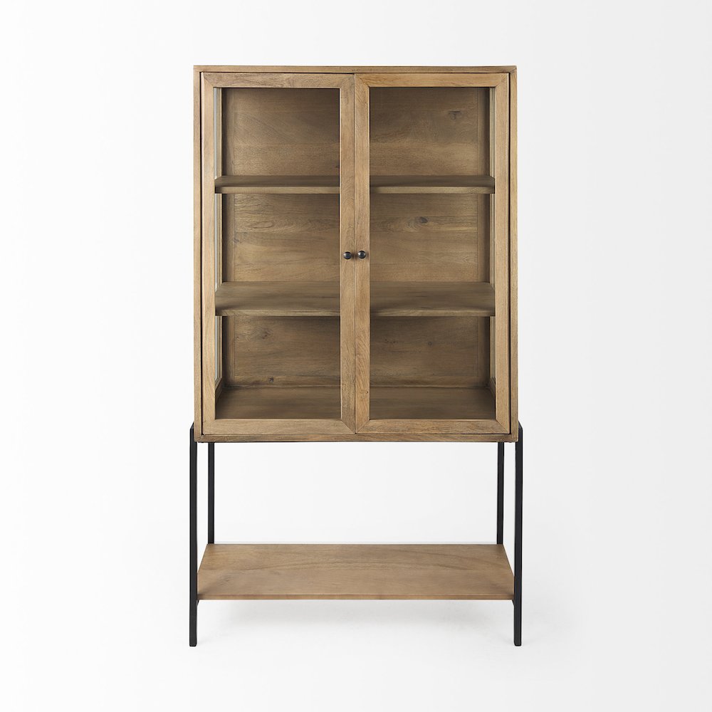 36L X 18W X 63H Light Brown Wood Black Metal Base Display Cabinet