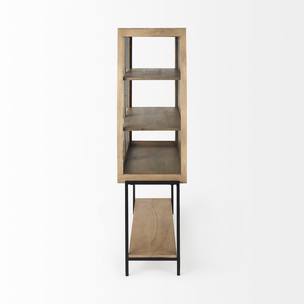 36L X 18W X 63H Light Brown Wood Black Metal Base Display Cabinet