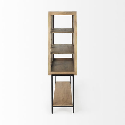 36L X 18W X 63H Light Brown Wood Black Metal Base Display Cabinet