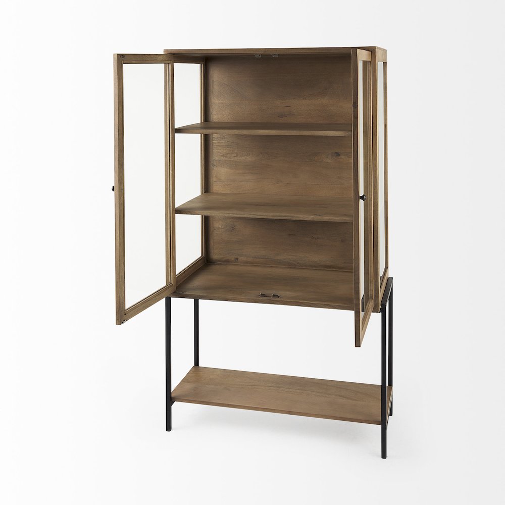 36L X 18W X 63H Light Brown Wood Black Metal Base Display Cabinet