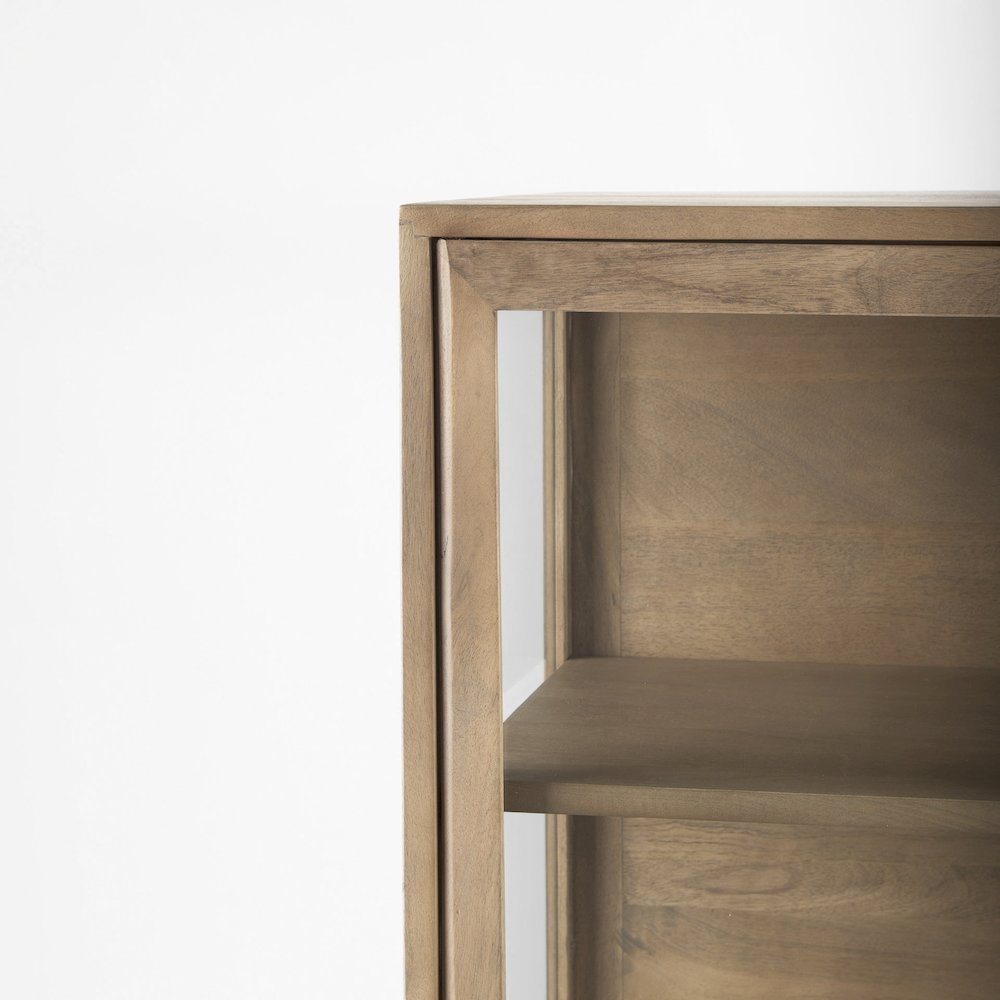 36L X 18W X 63H Light Brown Wood Black Metal Base Display Cabinet