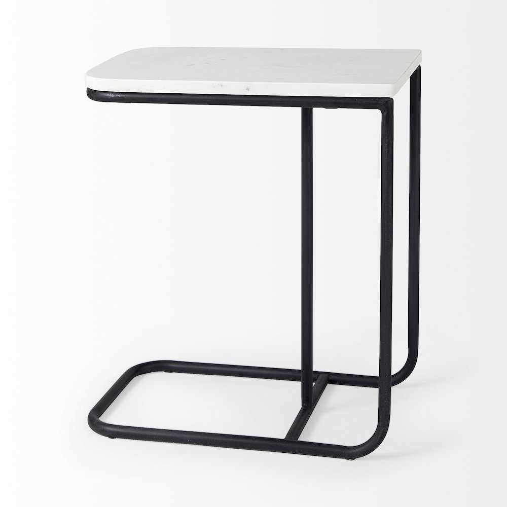 Kyra White Marble TopBlack Iron Frame C-Shaped End and Side Table
